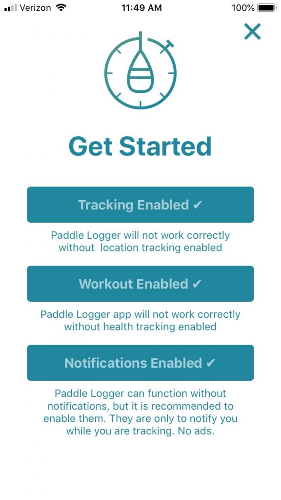 Paddle Logger - Get Started Screen