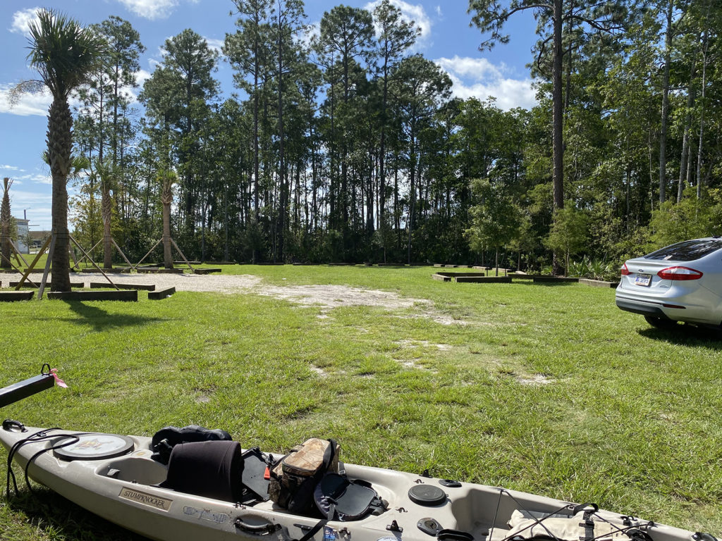 Grass parking area at the launch