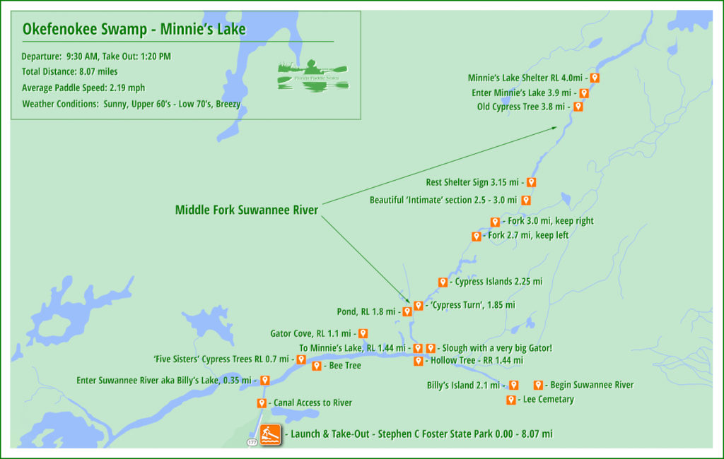 Okefenokee Swamp - Minnie's Lake Paddle Map